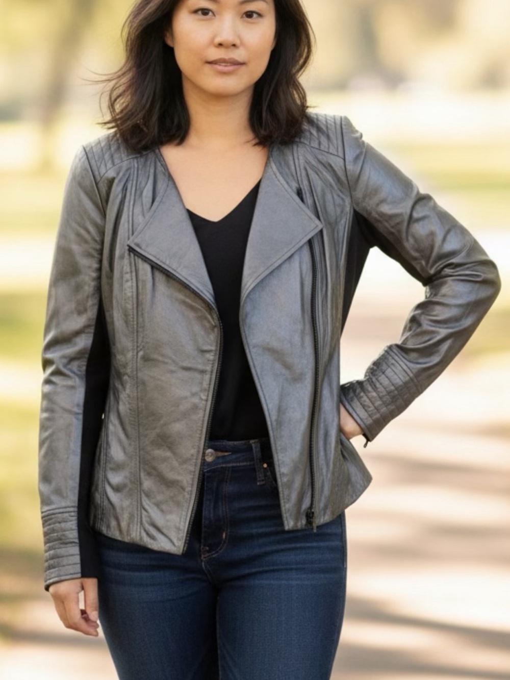 Trouve Gunmetal Metallic Gray black cotton contrast Moto Jacket Sz M